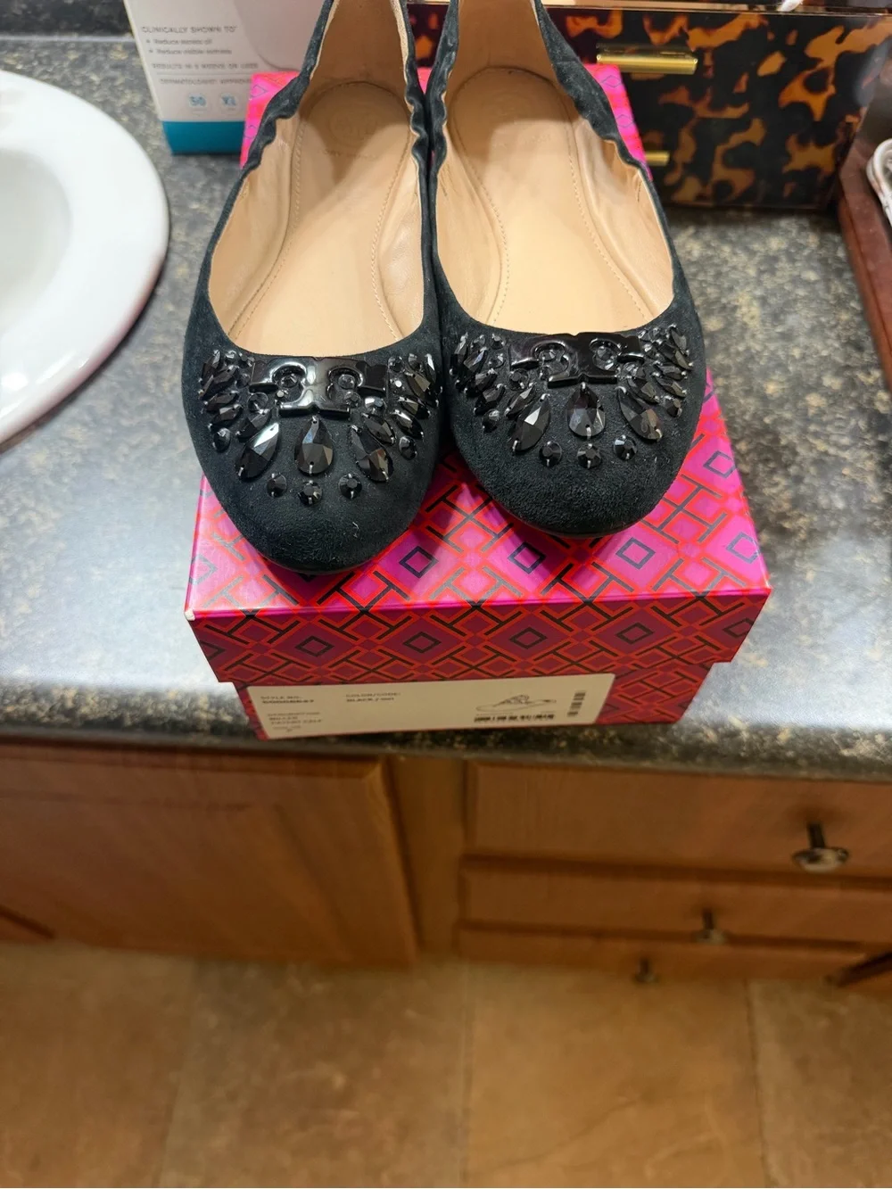 Tory Burch Black Embellished Suede Ballet Flats - Picture 6 of 6